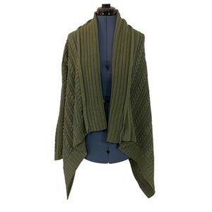 Peruvian Connection Green Chunky Cable Knit Open Draped Cardigan Shawl Collar M
